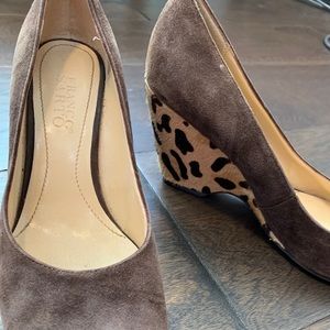 Franco Sarto brown suede heels with leopard wedge